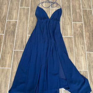 Royal Blue Open Back Plunge Split Prom Formal Dress
